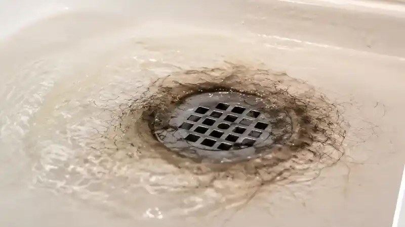 Clogged residential shower drain with hair and standing water